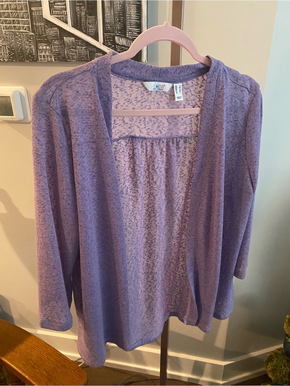 Denim & Co. Slub Knit Open Front 3/4-Sleeve Light Purple Cardigan Small